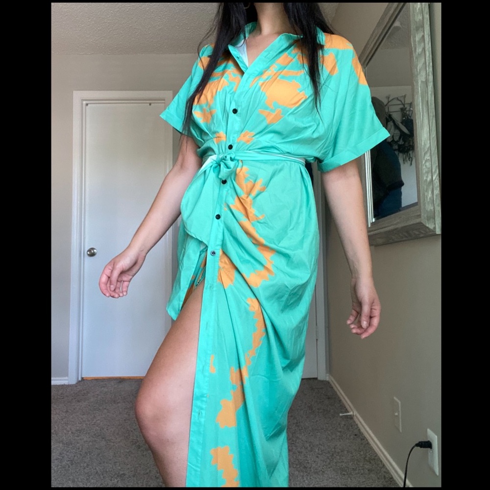 Mint contemporary maxi dress with orange accents. - Picture 12 of 16